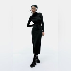 Zara Side Ruched Midi Dress Black